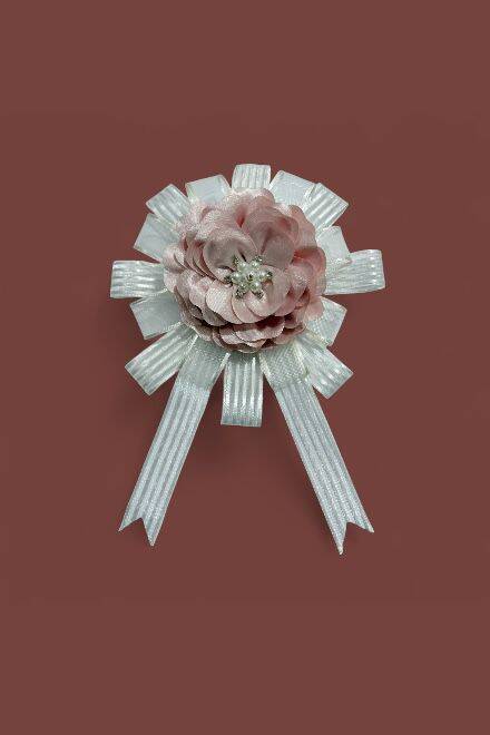 Bohça Süsü Saten Güllü Beyaz Şerit- Pudra Çiçek - 3