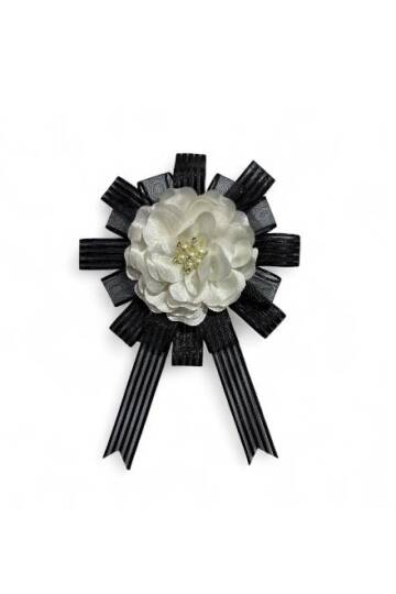 Bohça Süsü Saten Güllü Siyah Şerit-Beyaz Çiçek