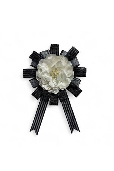 Bohça Süsü Saten Güllü Siyah Şerit-Beyaz Çiçek - 1