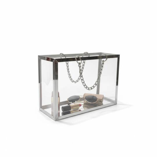 Şeffaf Pileksi Çanta Dekoratif Zincirli Gümüş - 2