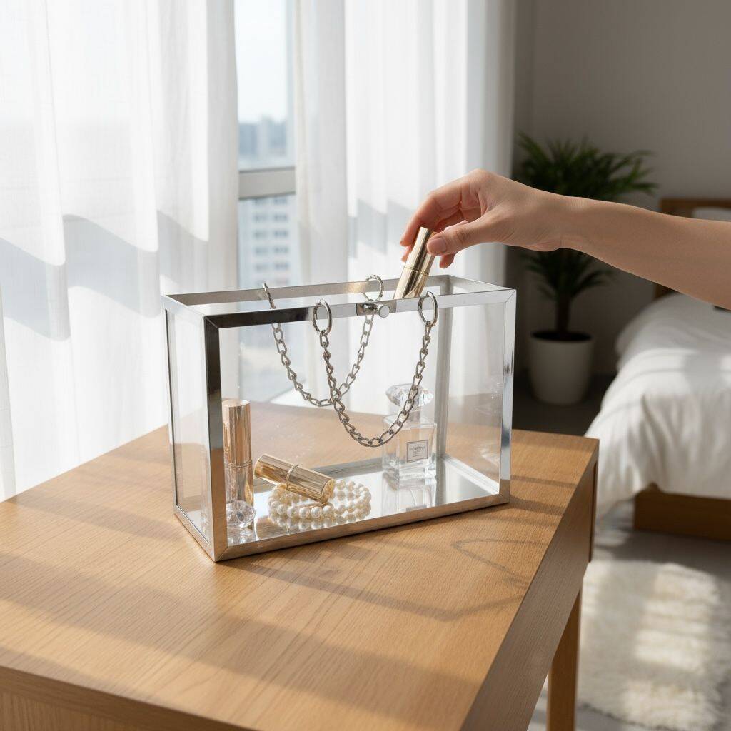 Şeffaf Pileksi Çanta Dekoratif Zincirli Gümüş - 3