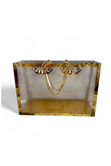 Şeffaf Pileksi Çanta Dekoratif Zincirli Gold Detaylı - 2