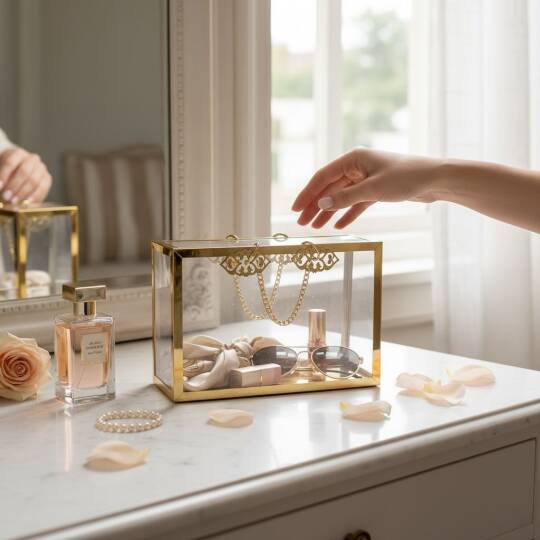 Şeffaf Pileksi Çanta Dekoratif Zincirli Gold Detaylı - 3