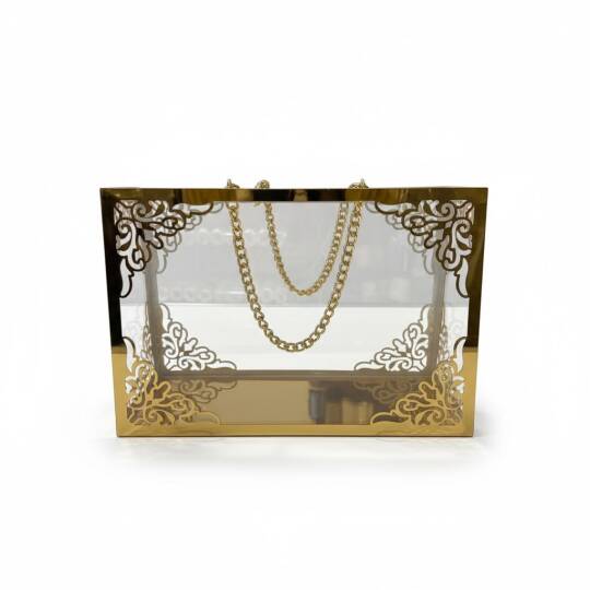 Şeffaf Pileksi Çanta Zincirli Gold Yoğun Süslemeli