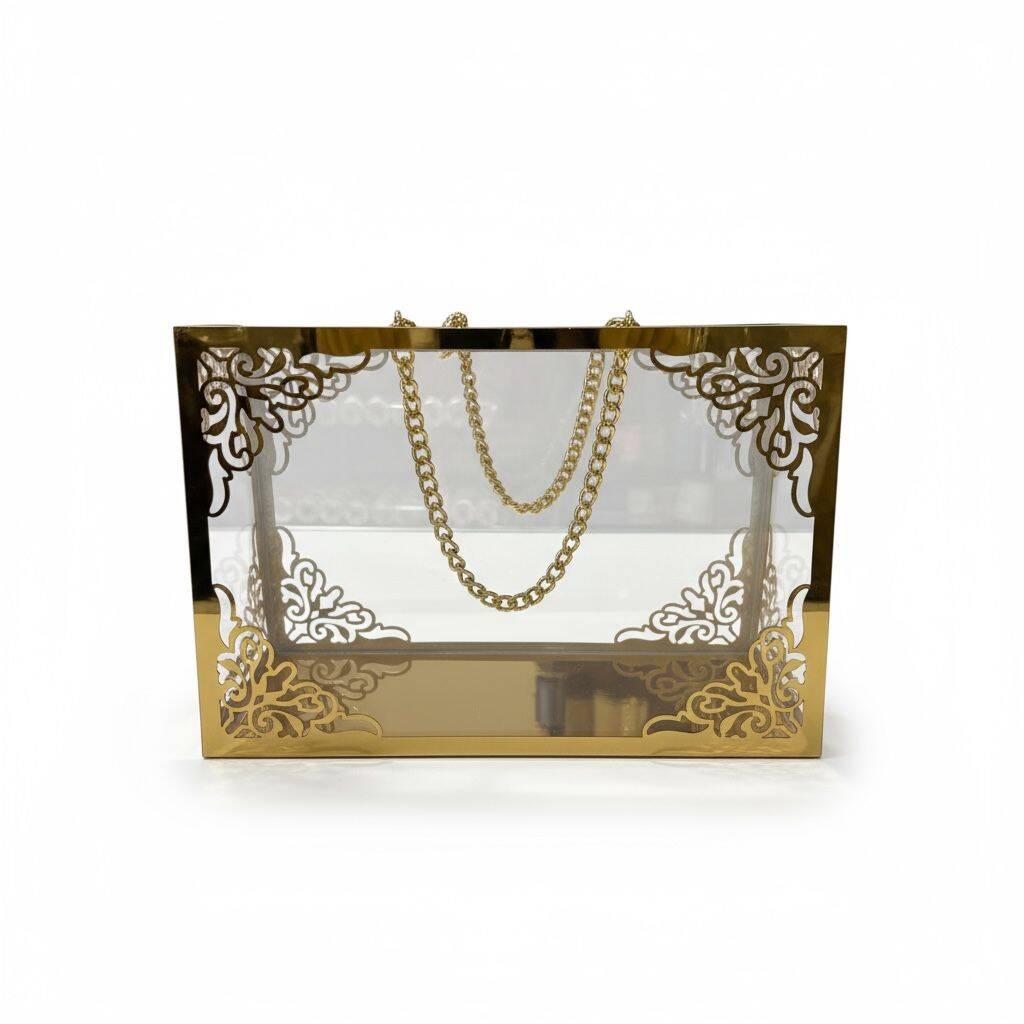 Şeffaf Pileksi Çanta Zincirli Gold Yoğun Süslemeli - 1