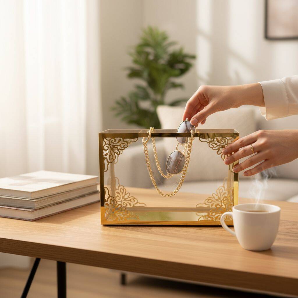 Şeffaf Pileksi Çanta Zincirli Gold Yoğun Süslemeli - 2