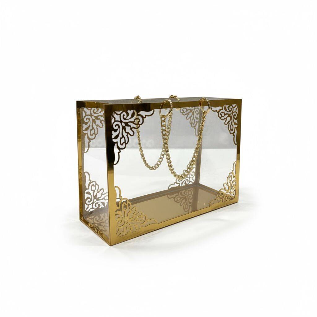 Şeffaf Pileksi Çanta Zincirli Gold Yoğun Süslemeli - 3