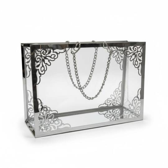 Şeffaf Pileksi Çanta Zincirli Gümüş Yoğun Süslemeli