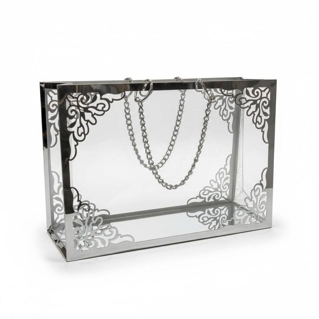 Şeffaf Pileksi Çanta Zincirli Gümüş Yoğun Süslemeli - 1
