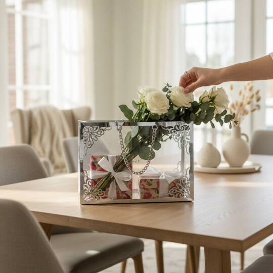 Şeffaf Pileksi Çanta Zincirli Gümüş Yoğun Süslemeli - 2