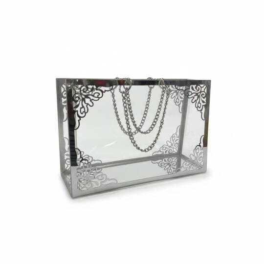 Şeffaf Pileksi Çanta Zincirli Gümüş Yoğun Süslemeli - 3