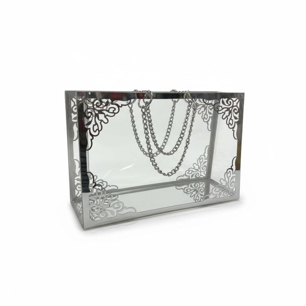 Şeffaf Pileksi Çanta Zincirli Gümüş Yoğun Süslemeli - 3