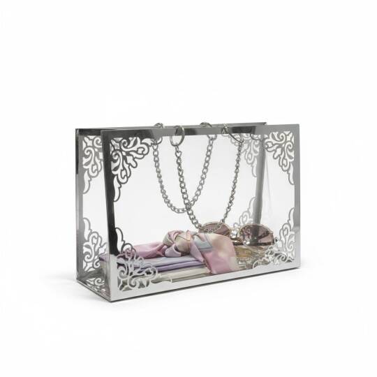 Şeffaf Pileksi Çanta Zincirli Gümüş Yoğun Süslemeli - 4