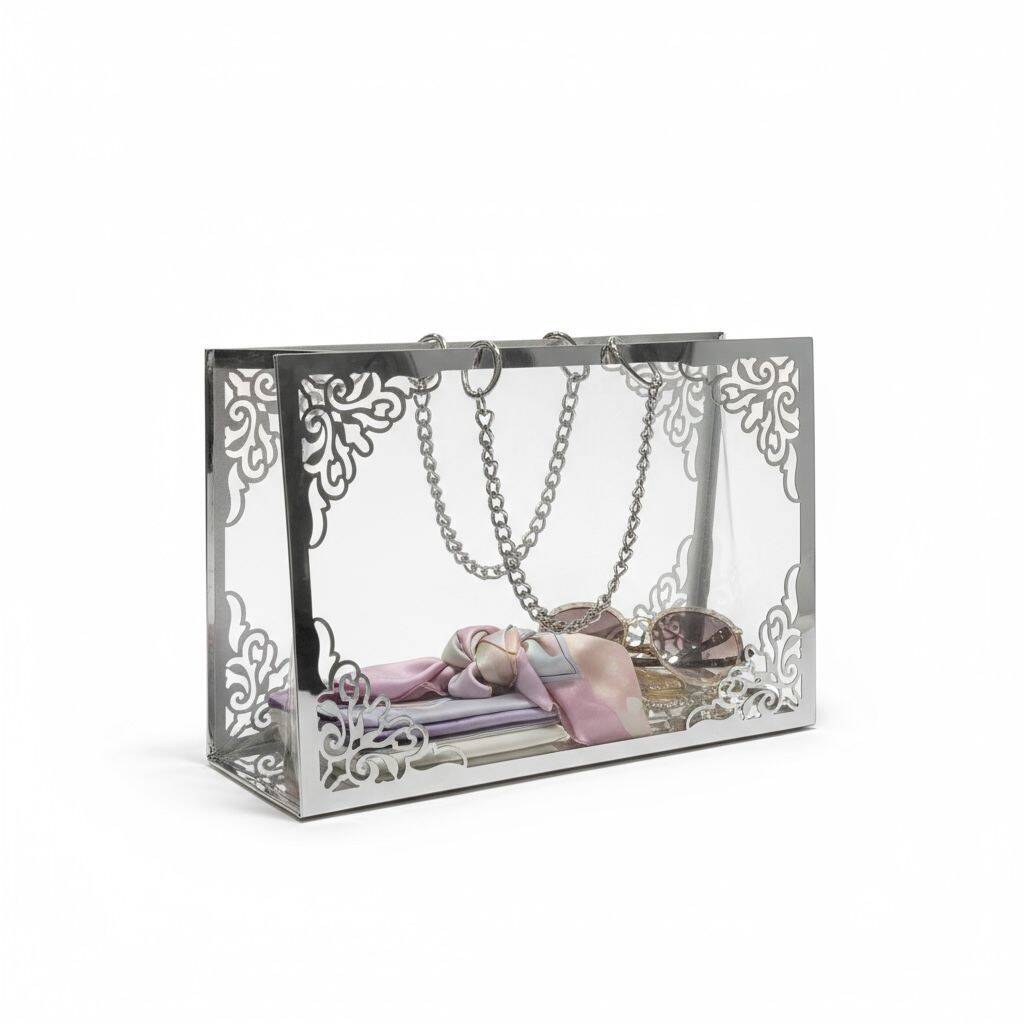 Şeffaf Pileksi Çanta Zincirli Gümüş Yoğun Süslemeli - 4