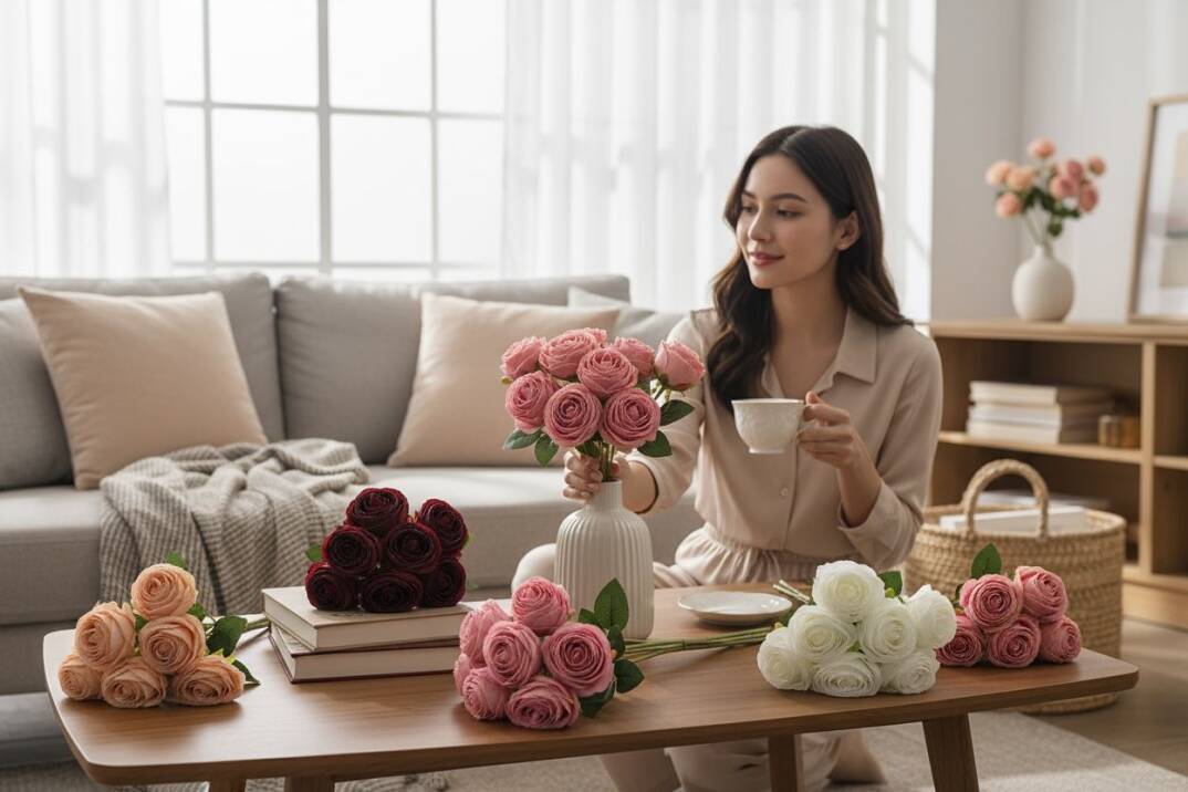 Yapay Premium Gül 7 Kafa Plastik Borulu Bordo ZMT-819 - 5